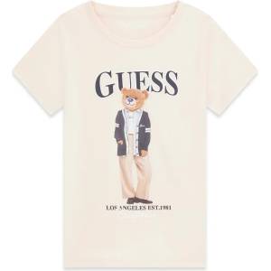GUESS Бежова тениска за момиче с цветно мече и черен надпис Guess