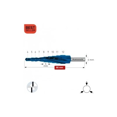Karnasch Стъпално свредло Ø 4-12 mm (x 5 mm), HSS-XE Blue-Dur, 2x спирален канал, BESTSELLER (201447)