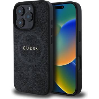 GUESS Калъф GUESS, PU Leather Colored Ring MagSafe за iPhone 16 Pro, GUHMP16LG4GFRK, Черен (GUHMP16LG4GFRK)