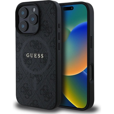 GUESS Калъф GUESS, PU Leather Colored Ring MagSafe за iPhone 16 Pro, GUHMP16LG4GFRK, Черен (GUHMP16LG4GFRK)