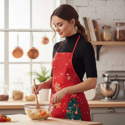 Червена коледна престилка с елха и снежинки