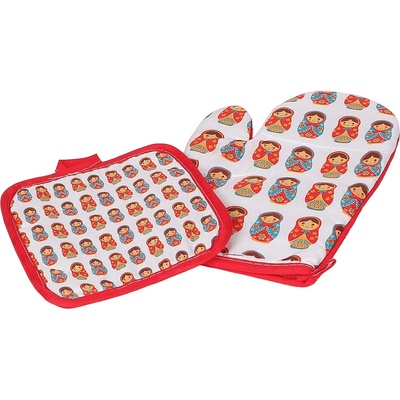 Кухненски комплект ръкавица и ръкохватка в червено и бяло