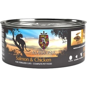 AMBROSIA Salmon Chicken - консерва, 96 % съдържание на месо за пораснали и кастрирани котки с капризен апетит - 150 гр, Франция
