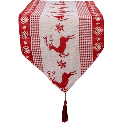 Clayre & Eef Béžovo-červený běhoun se střapcem a jeleny Christmas Rustic 33x180 cm