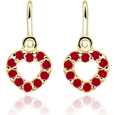 Duppi detské náušnice srdiečka DU 70508 zo žltého zlata s kamienkami rubínovo červenými zapínanie brizúra