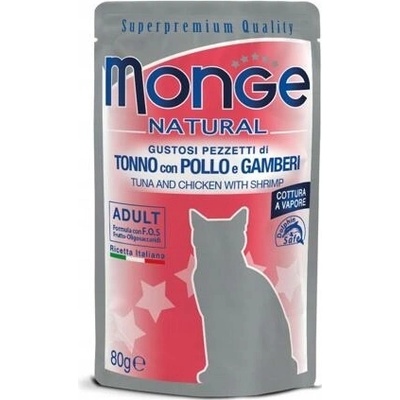 Monge Natural tuniak a kura v želé s krevetami 80 g