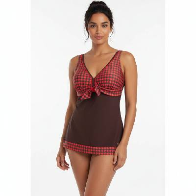 Бански тип танкини в червено и кафяво с интересен десен - чашка c/d