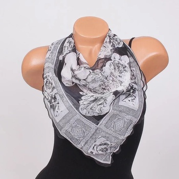 Image 1 of Копринено фишу в черно и бяло с рози