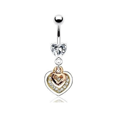 Šperky eshop piercing do pupíku srdce měděné zlaté a stříbrné barvy čiré zirkony W38.35