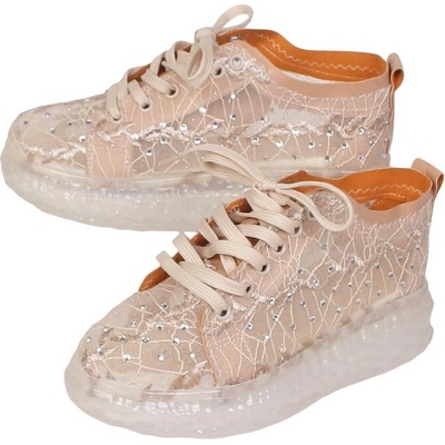 Дамски маратонки в бежово от тюл с камъчета и бродерия