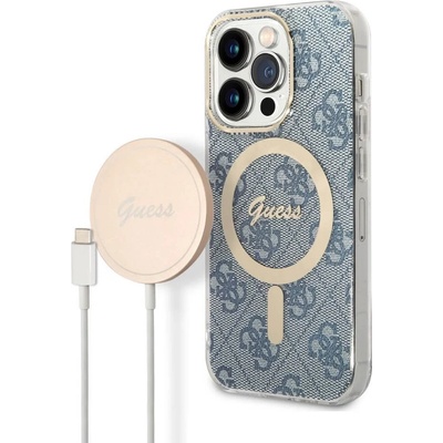 GUESS 4G Printed Stripe MagSafe Case With MagSafe Wireless Charger Set - комплект хибриден удароустойчив кейс с MagSafe и поставка (пад) за безжично зареждане за iPhone 14 Pro (син)