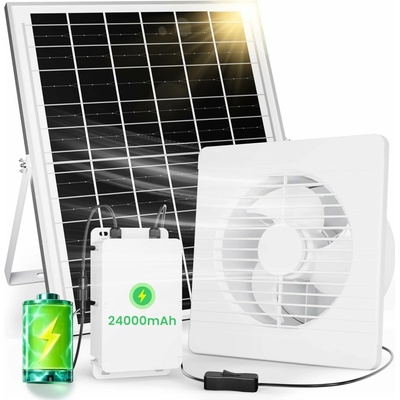 Apex CE Solární ventilátor LGMCF s baterií 24 000 mAh s ochranou proti zpětnému toku, pro kůlnu, kurník, skleník, boudu pro domácí mazlíčky, okenní odsávání