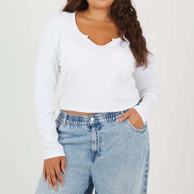 Brave Soul Дамска фланелка с дълъг ръкав Brave Soul Womens Plus Size V-neck Long Sleeve Top with Slit Detail - White