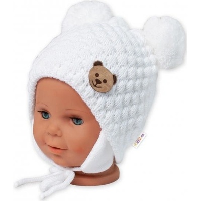 BABY NELLYS Zimní pletená čepice Teddy Bear na zavazování bílá – Zboží Dáma