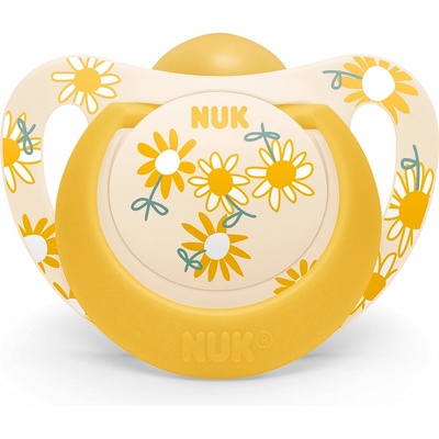 Nuk Каучукова залъгалка NUK - Star, 18-36 месеца, Жълта с цветя + кутийка (10737045-Жълта с цветя)