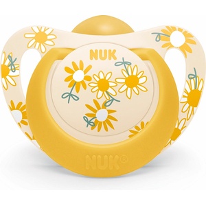 Nuk Каучукова залъгалка NUK - Star, 18-36 месеца, Жълта с цветя + кутийка (10737045-Жълта с цветя)