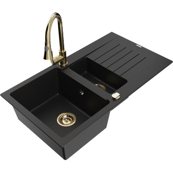 Mexen Matias гранитна кухненска мивка с 1, 5 корито с отцедник и кухненски смесител Elia, черен - 6502-77-670101-50 (6502-77-670101-50)