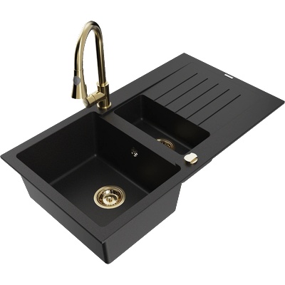 Mexen Matias гранитна кухненска мивка с 1, 5 корито с отцедник и кухненски смесител Elia, черен - 6502-77-670101-50 (6502-77-670101-50)