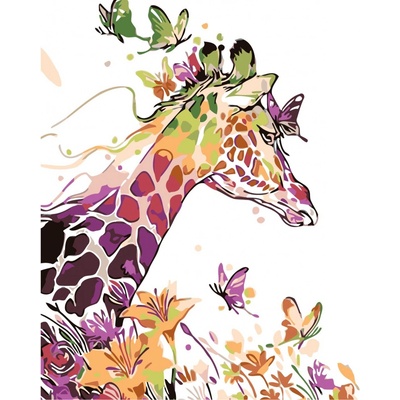 MALUJEŠ Malování podle čísel ŽIRAFA A MOTÝLCI Rozměr 80 x 100 cm Rámování bez rámu a bez vypnutí plátna