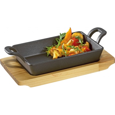 KÜCHENPROFI Servírovací pánev čtvercová se 2 držadly a dřevěnou deskou BBQ 21,5 x 12,5 x 6 cm