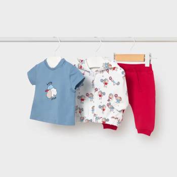 Mayoral Анцуг 3 части синя тениска, червен панталон и бял суичър с апликации за новородено момче Mayoral