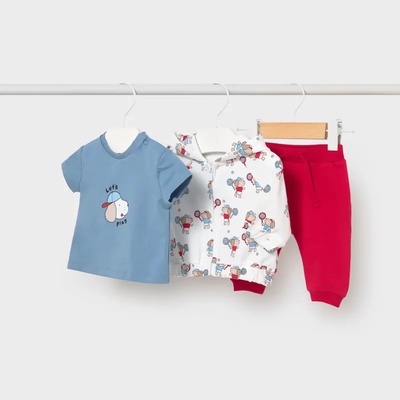 Mayoral Анцуг 3 части синя тениска, червен панталон и бял суичър с апликации за новородено момче Mayoral