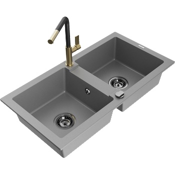Mexen Mario гранитна мивка с 2 камери с кухненски смесител Flora, сив - 6504-71-670401-57-B (6504-71-670401-57-B)