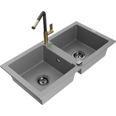Mexen Mario гранитна мивка с 2 камери с кухненски смесител Flora, сив - 6504-71-670401-57-B (6504-71-670401-57-B)
