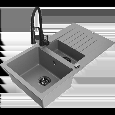 Matias гранитна мивка 1, 5 камери с отцедник и кухненски смесител Aster, сив - 6502-71-73450-70-B (6502-71-73450-70-B)