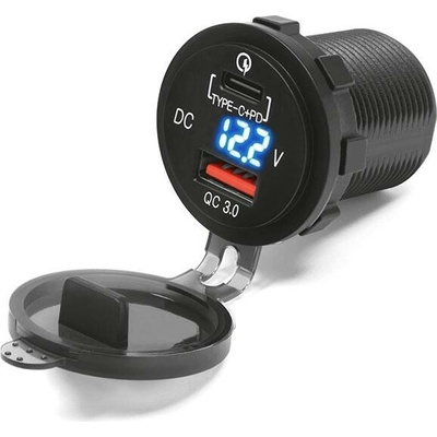 BIKETEC motocyklová dvojitá zásuvka USB QUICK CHARGE USB typ-C s podsvícením a voltmetrem montáž na rovný povrch (kapotáž, kufr) nebo na řídítka - vyžaduje adaptér BTMUS28 (EL) (K)