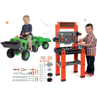 Smoby Set pracovná dielňa Black & Decker so 79 doplnkami a traktor na šliapanie Jim Loader s nakladačom a prívesom SM3607009