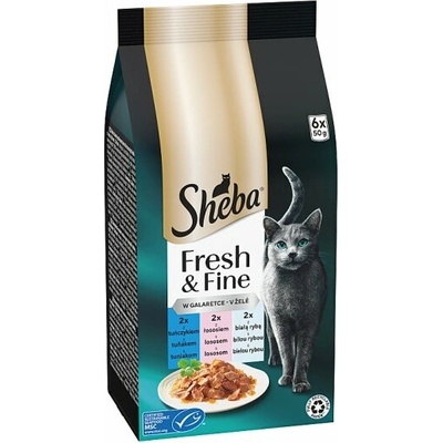 SHEBA Fresh & Fine s tuňákem lososem a bílou rybou v želé 6 x 50 g