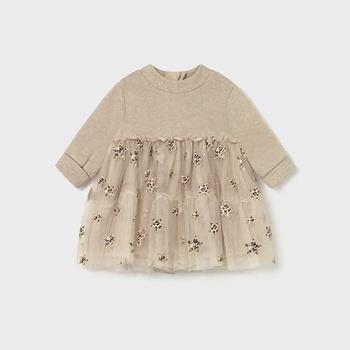 Mayoral Комбинирана рокля в бежов цвят с тюл и нежни звезди за новородено момиче Mayoral