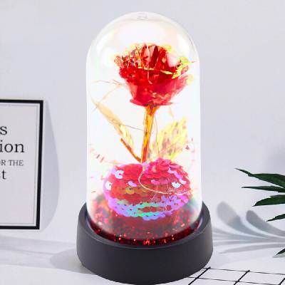 Křišťálová růže pod kopulí s LED osvětlením a srdcem 14x8cm