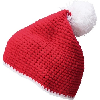 Myrtle Beach MB7964 pletená čiapka s kontrastným pruhom a brmbolcom červená bílá