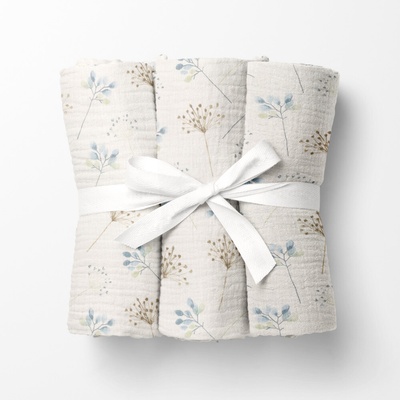 Biante Mušelínová plienka/dečka MSN-092 Modro-zelené vetvičky na krémovo bielom 70x70 cm 3 ks