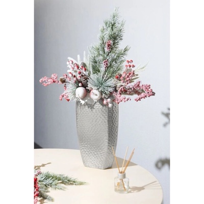 MagicHome Vetvička Vianoce, bobuľky so šiškami, červená, 34 cm