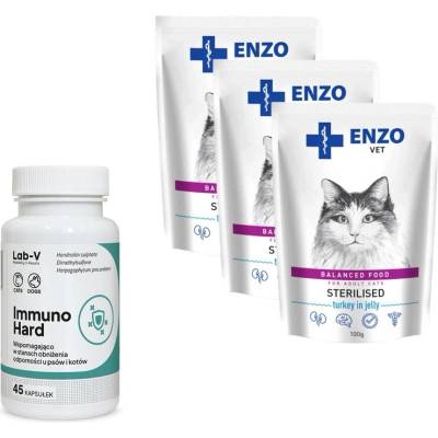 ENZO VET Sterilised dieta pro sterilizované kočky s krůtím masem v želé 3x100 g + LAB-V Immuno Hard 45 tablet
