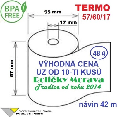 Termo kotouček 57/60/17 BPA 42m (57mm x 42m) Množství: 10 ks kotoučků ve fólii