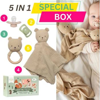 5в1Специална кутия - Утешителче, дрънкалка, 2бр. залъгалки и 2в1 пъзел и игра за броене (jb-s1024+pgcpff01)