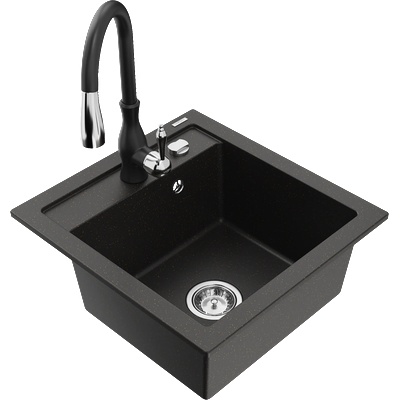 Mexen Vito гранитна мивка с 1 камера с кухненски смесител Savita, черен/златен металик - 6503-75-672601-70 (6503-75-672601-70)