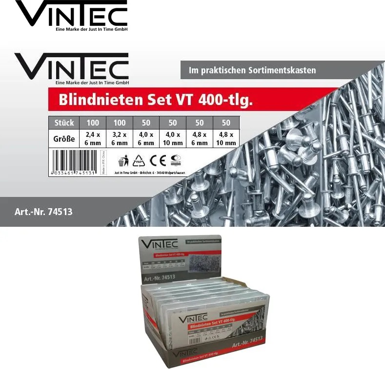 VINTEC Поп нитове / Комплект нитове 400 броя / Vintec 74513 / (VNTC 74513)