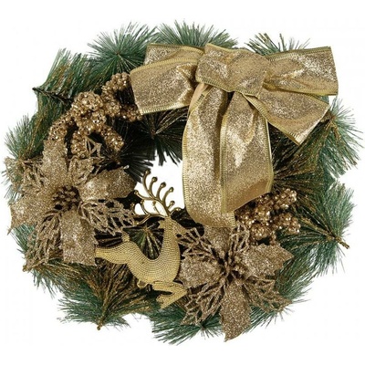 Clayre & Eef Zeleno-zlatý vánoční věnec s mašlí a jelenem Christmas Deer - Ø 30*7 cm