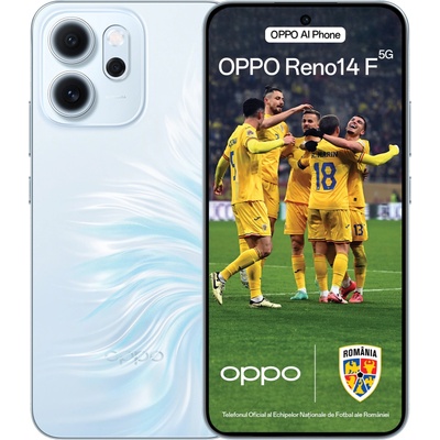 Смартфон Oppo Reno14 F 5G (зелен), поддържа 2 SIM карти, 6.57" (16.68 cm) FHD+ AMOLED 120Hz дисплей, осемядрен Snapdragon 6 Gen 1 2.2 GHz, 8GB LPDDR4X, 256GB Flash памет, 50 + 8 + 2 & 32 Mpix камери, Android (CPH2743_F_8+256_LG)