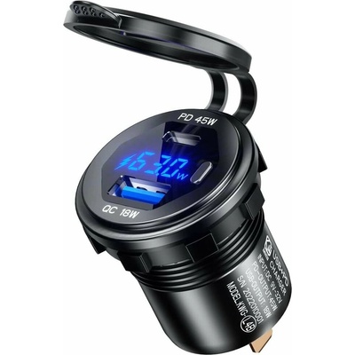 Mobilly vodeodolná vstavaná nabíjačka s monitorom, USB+USB-C, rýchlonabíjanie QuickCharge 3.0/PD45W XXX