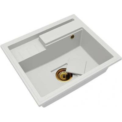 DobreSny Granitový dřez ELITE 6052 BÍLÝ + zlatý sifon 60 x 52 x 21,5cm
