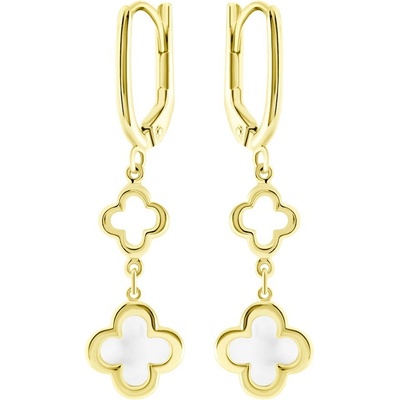 Gemmax Zlaté visací náušnice Čtyřlístky s perletí GLEYL-03340