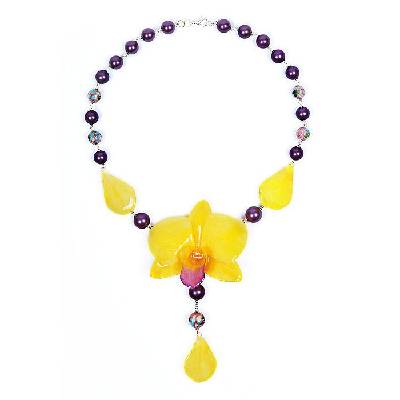Колие с естествена орхидея, перли Майорка, мъниста клоазоне Sunny Orchid Dannyra Jewels
