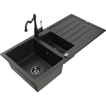 Mexen Andres гранитна мивка с 1, 5 отделения с изсушител и кухненски смесител Carla, черен/златист - 6515-75-670700-70-B (6515-75-670700-70-B)