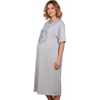 Сива макси нощница за кърмачки с мече и кариран кант